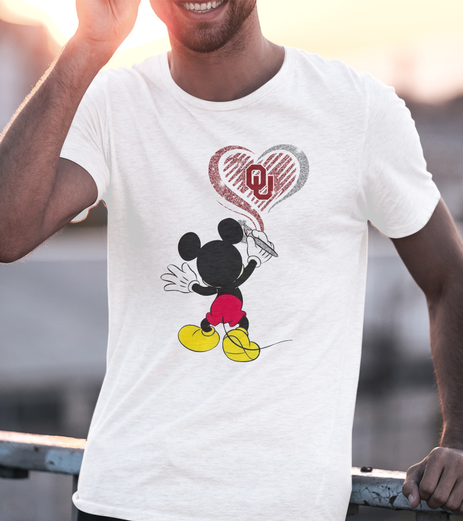 Mickey Painting Heart With Ou Logo In Oklahoma Colors T-Shirt