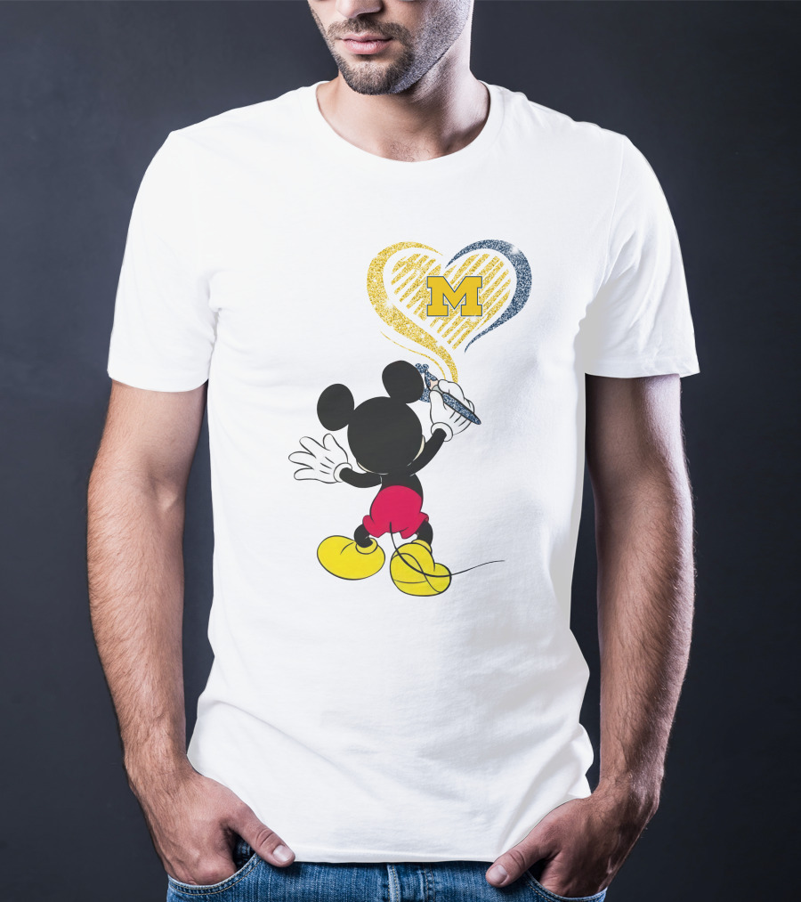 Michigan Wolverines M In Yellow And Blue Heart With Disney Mickey Character T-Shirt