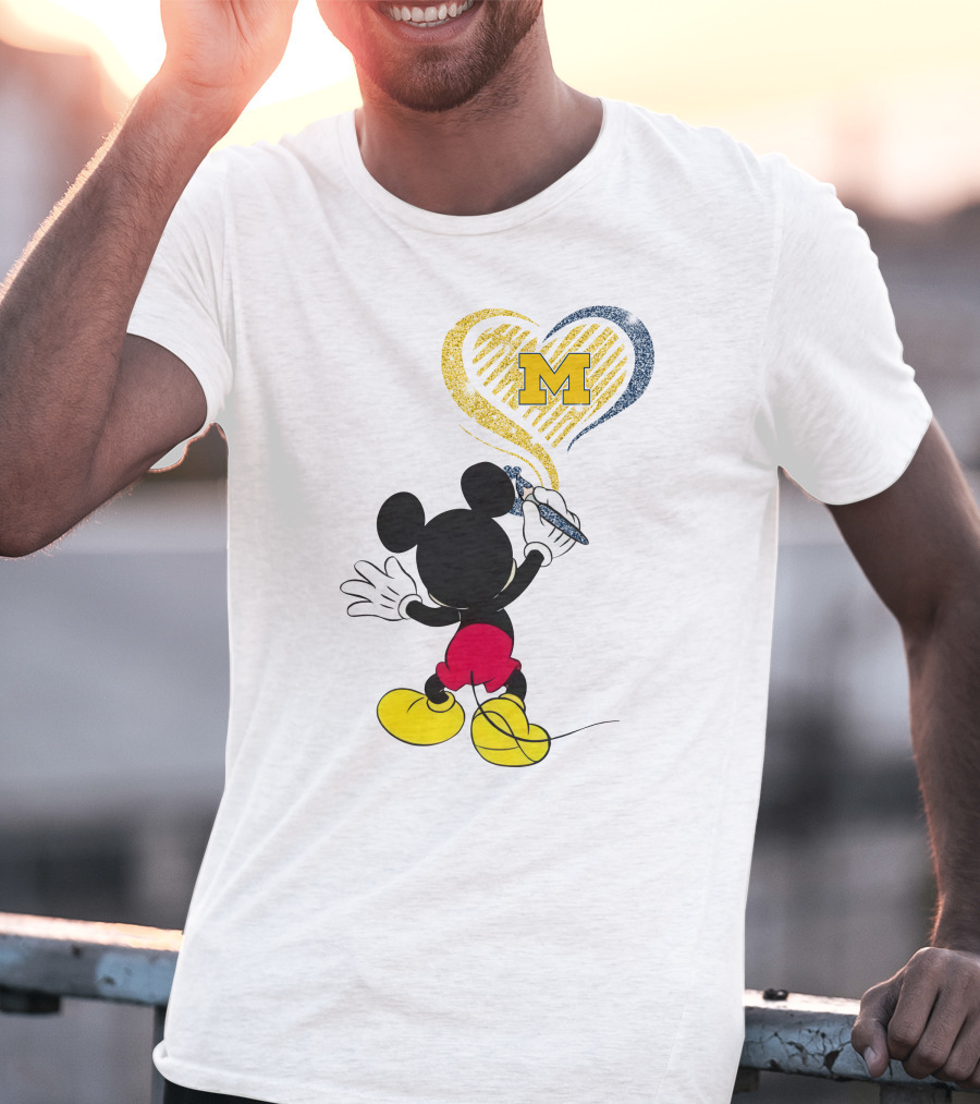 Michigan Wolverines M In Yellow And Blue Heart With Disney Mickey Character T-Shirt