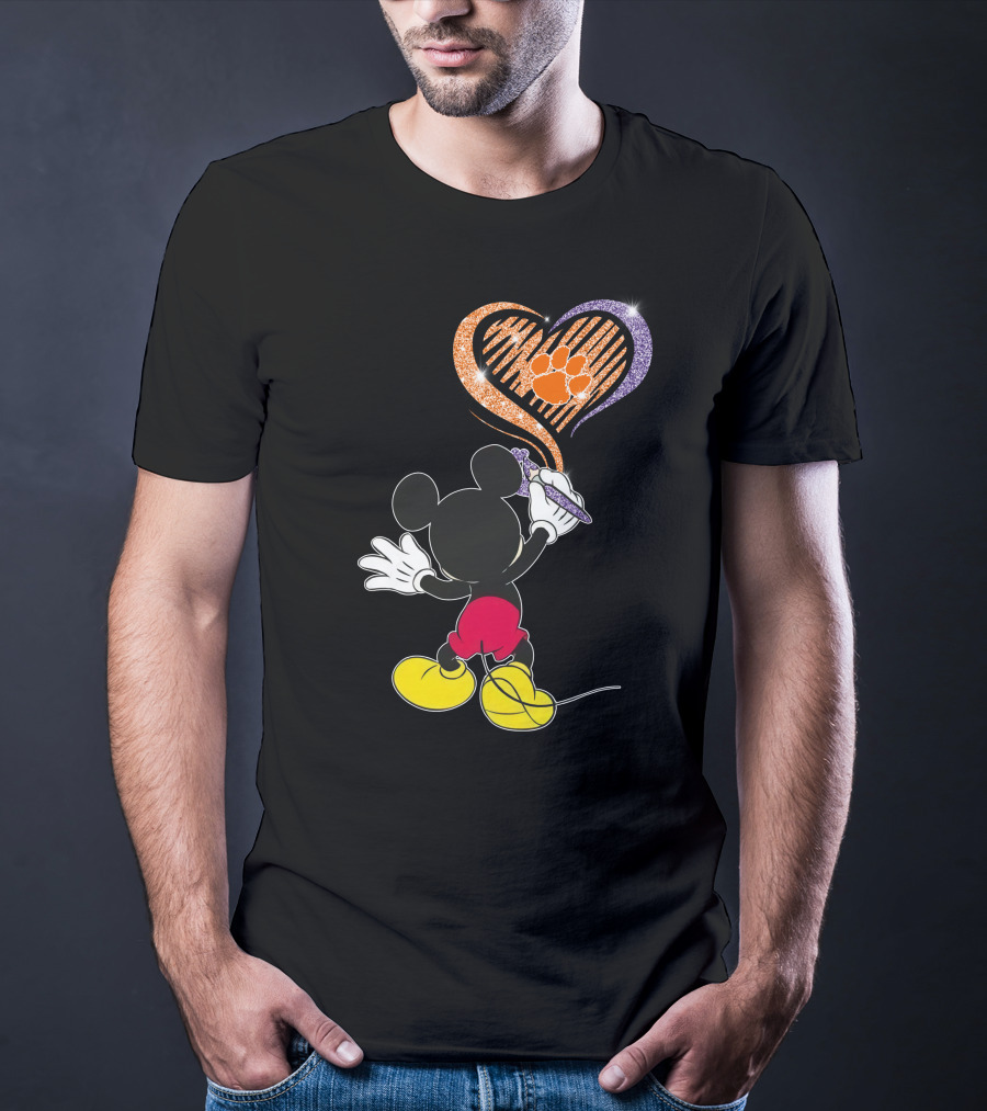 Mickey Painting Clemson Tigers Paw In Heart Shape T-Shirt
