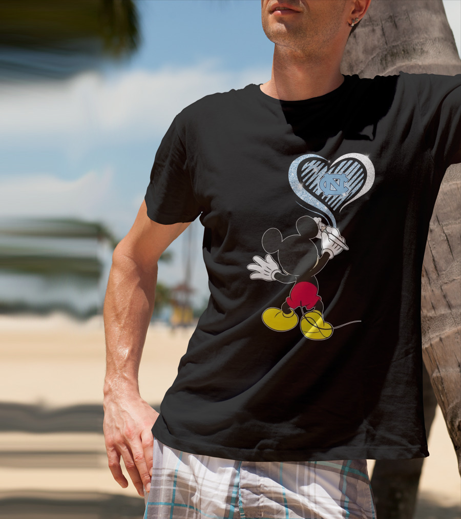 Mickey Mouse Drawing North Carolina Tar Heels In Heart Shape T-Shirt