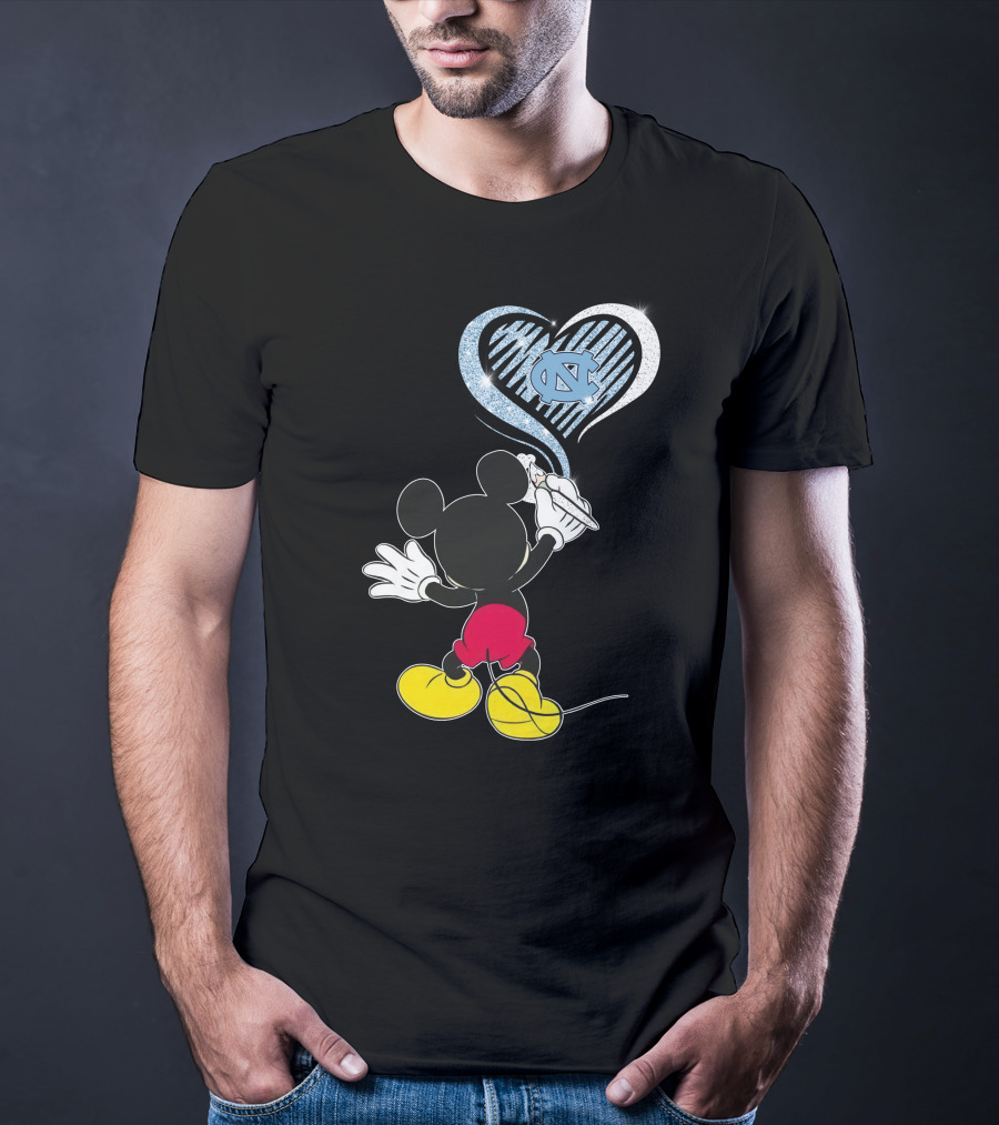 Mickey Mouse Drawing North Carolina Tar Heels In Heart Shape T-Shirt