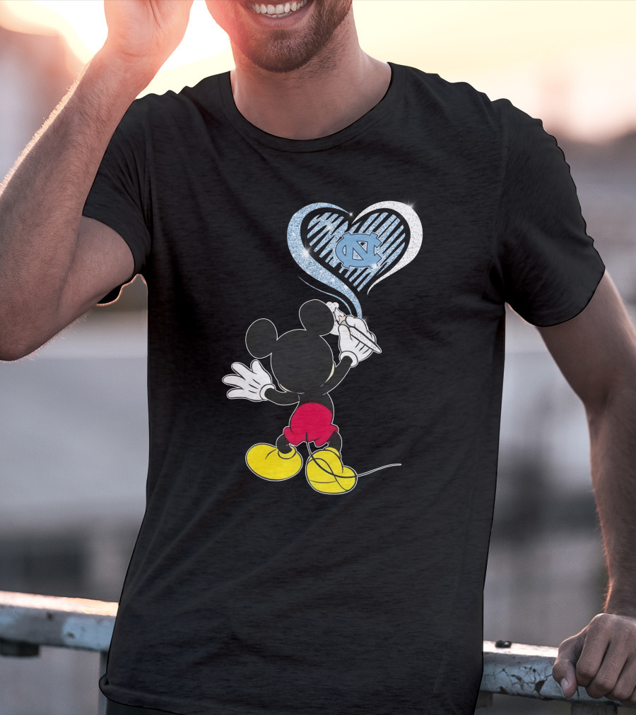 Mickey Mouse Drawing North Carolina Tar Heels In Heart Shape T-Shirt