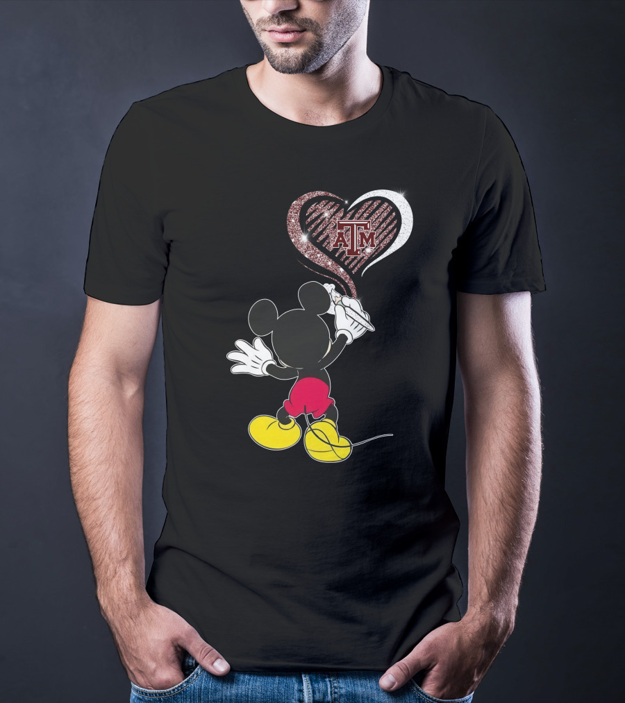 Mickey Drawing Heart With ATM Logo Texas A&M Aggies T-Shirt