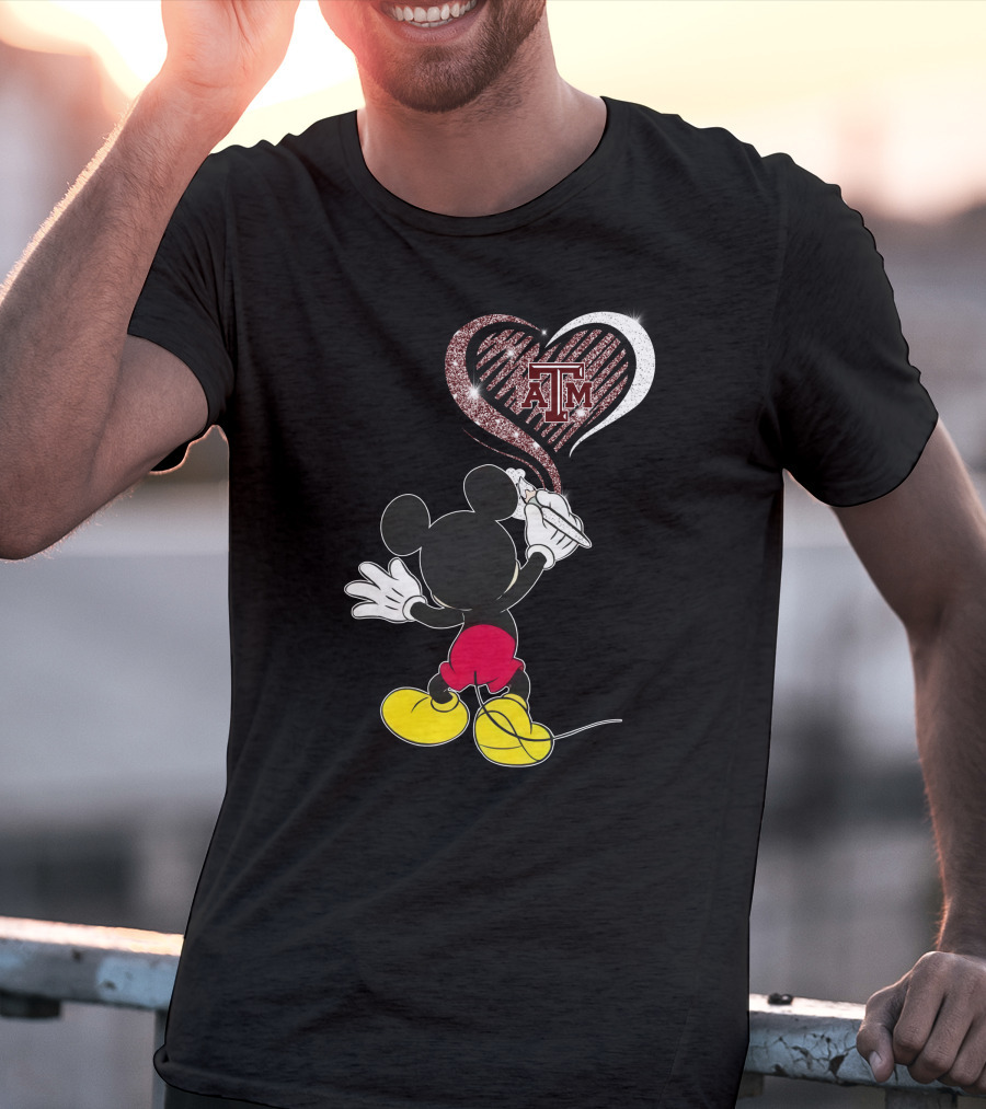 Mickey Drawing Heart With ATM Logo Texas A&M Aggies T-Shirt