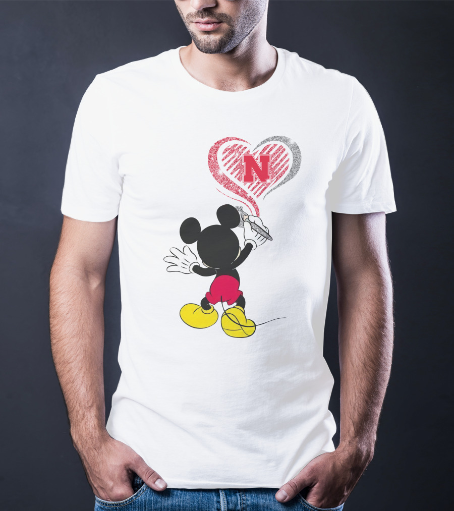 Mickey Mouse Nebraska Cornhuskers Heart Drawing T-Shirt