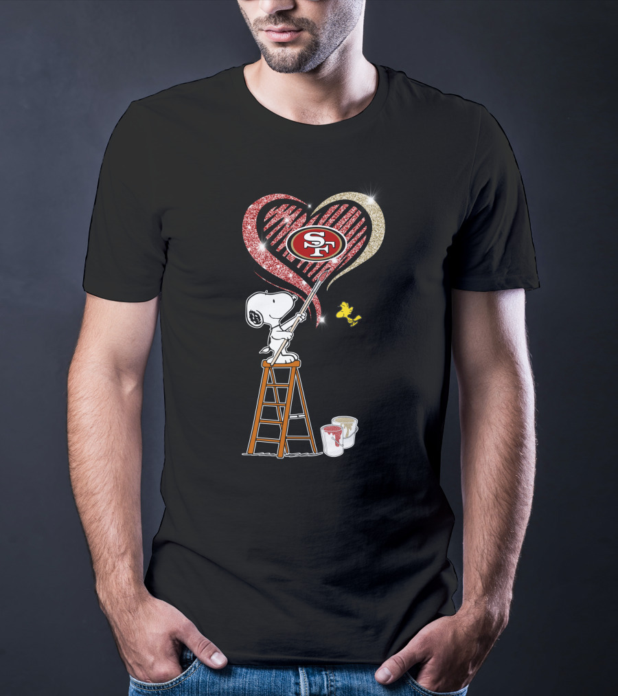 Snoopy Painting San Francisco 49ers Heart With Woodstock T-Shirt