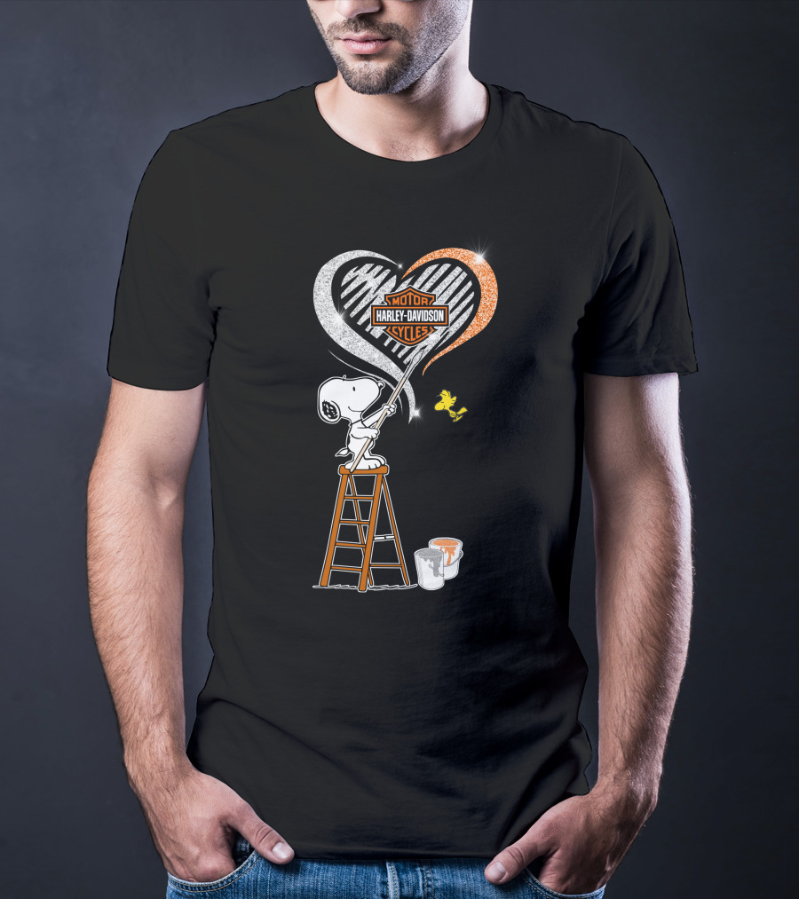 Snoopy Painting Harley Davidson Motorcycles Heart With Woodstock T-Shirt
