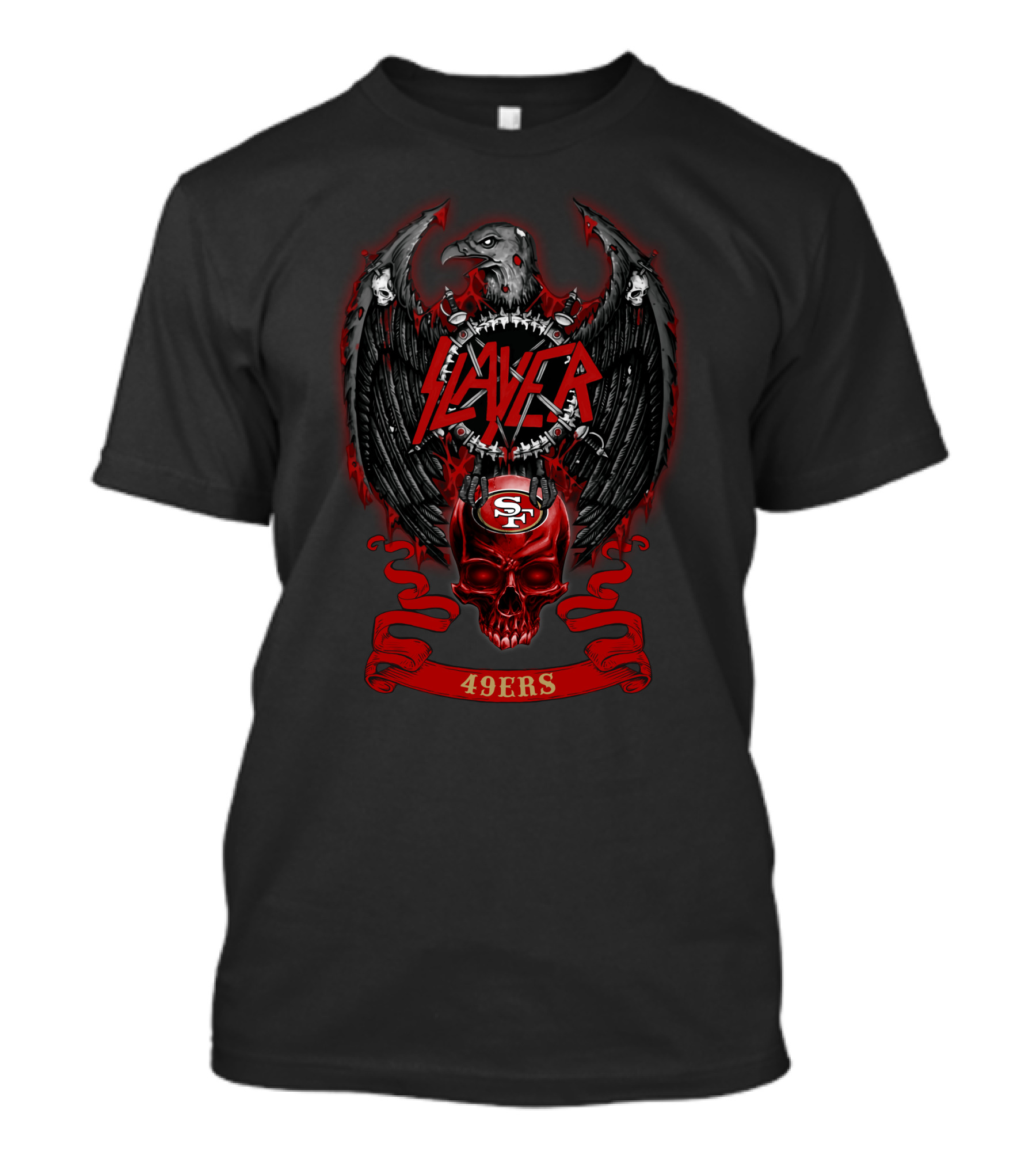 Slayer Sf 49ers Skull Nfl 28 Ravens Wings Crest T-Shirt