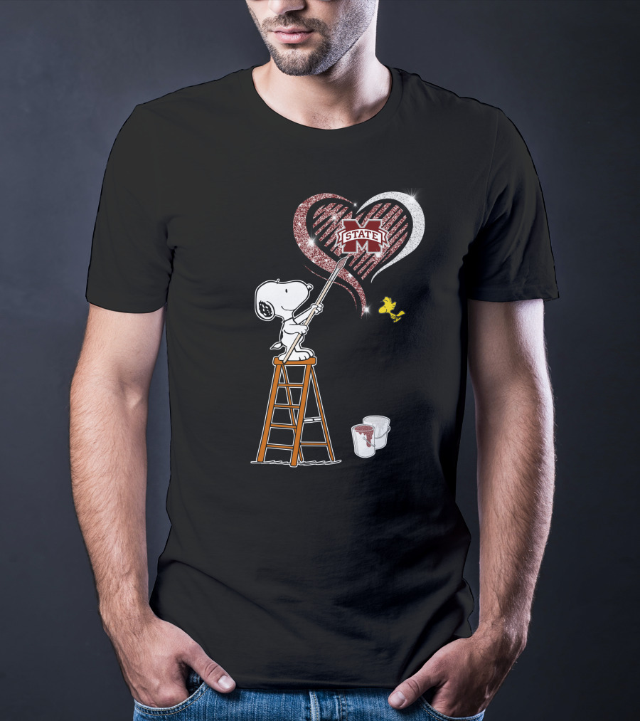 Snoopy Painting Mississippi State Heart With Woodstock T-Shirt