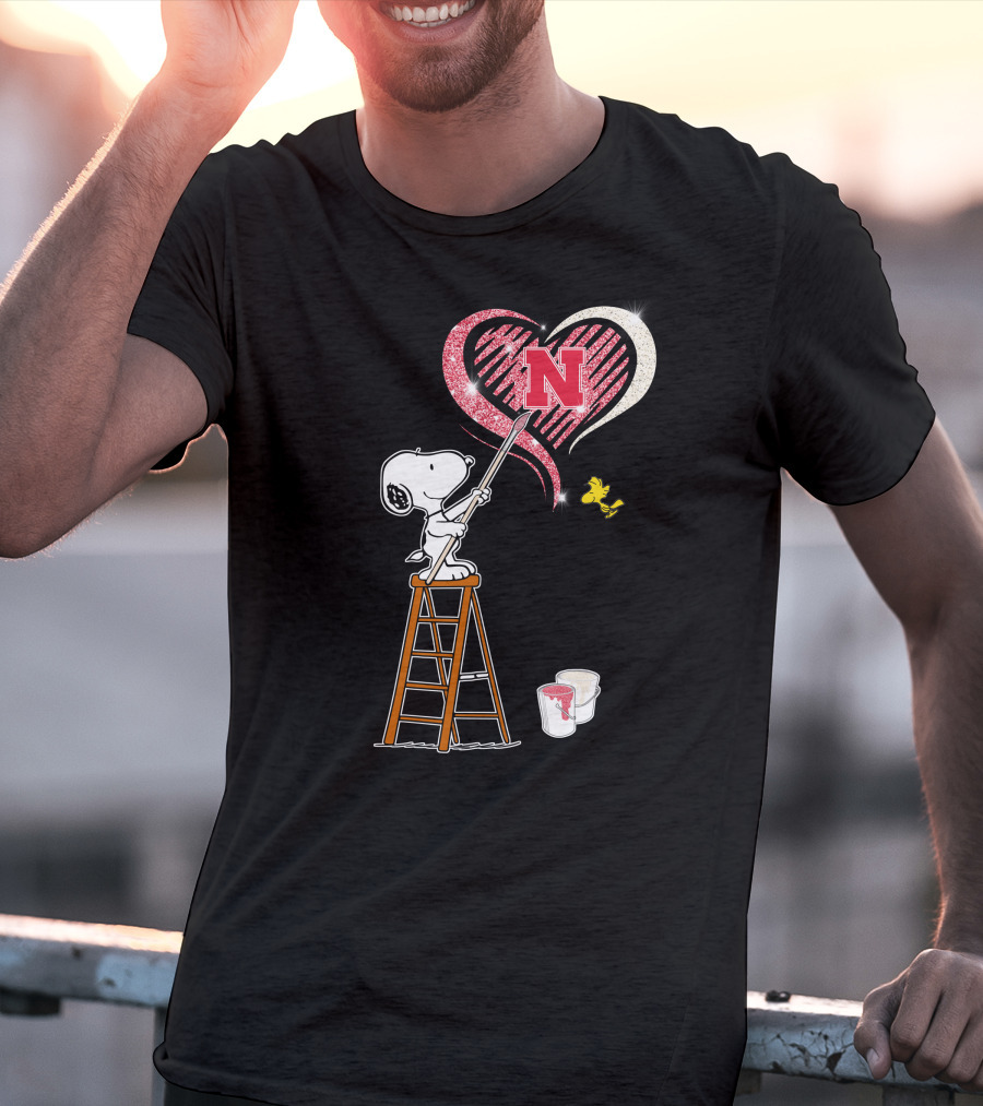 Snoopy Nebraska Huskers Heart Painting Woodstock Collaboration T-Shirt