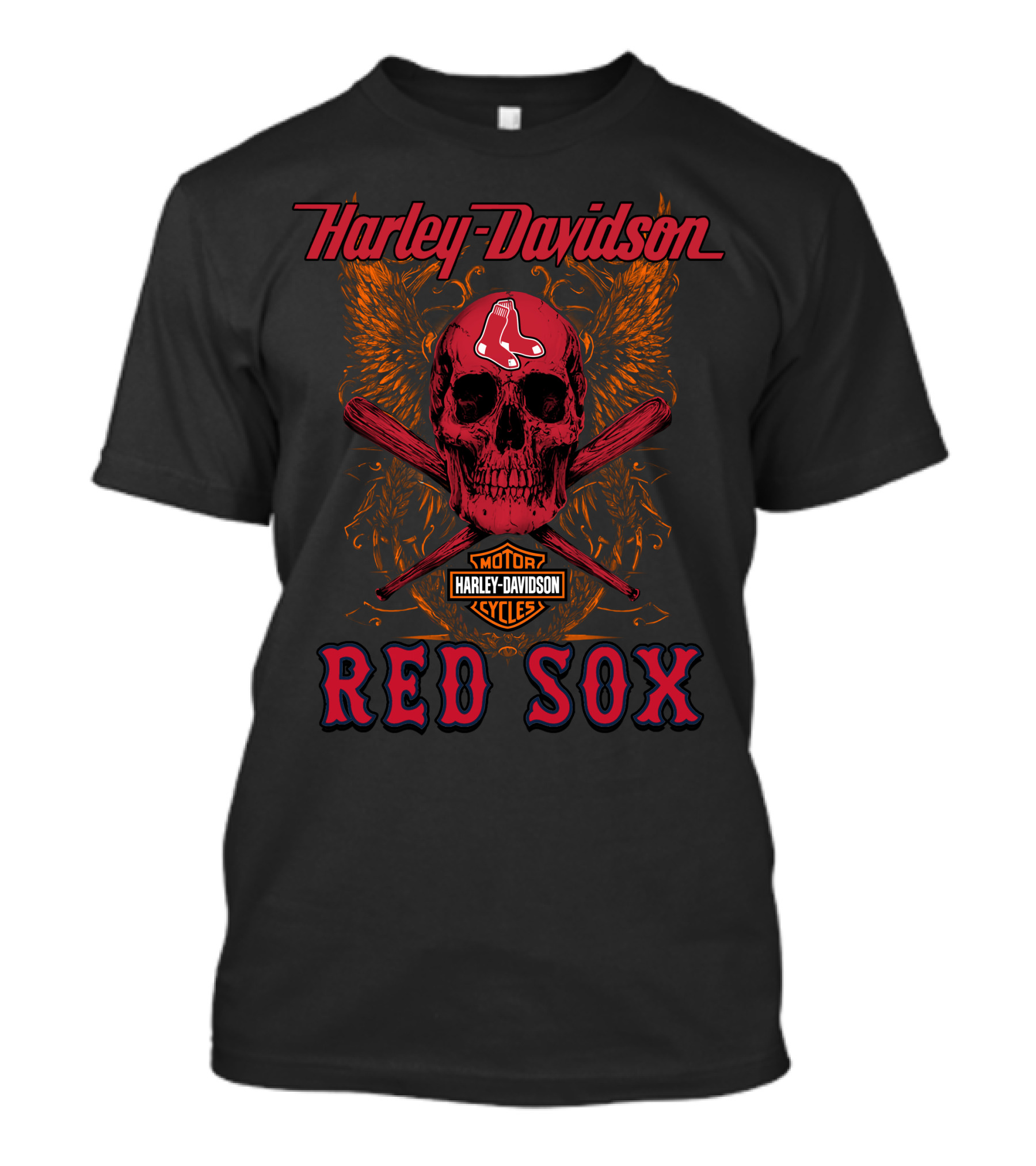 Harley Davidson Red Sox Skull Wings Motor Cycles T-Shirt