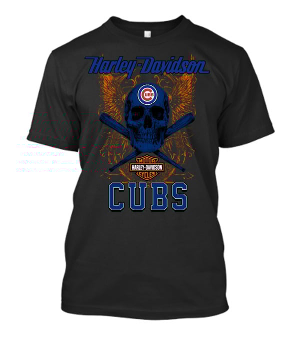 Harley Davidson Motor Cycles Cubs Skull And Crossed Bats T-Shirt