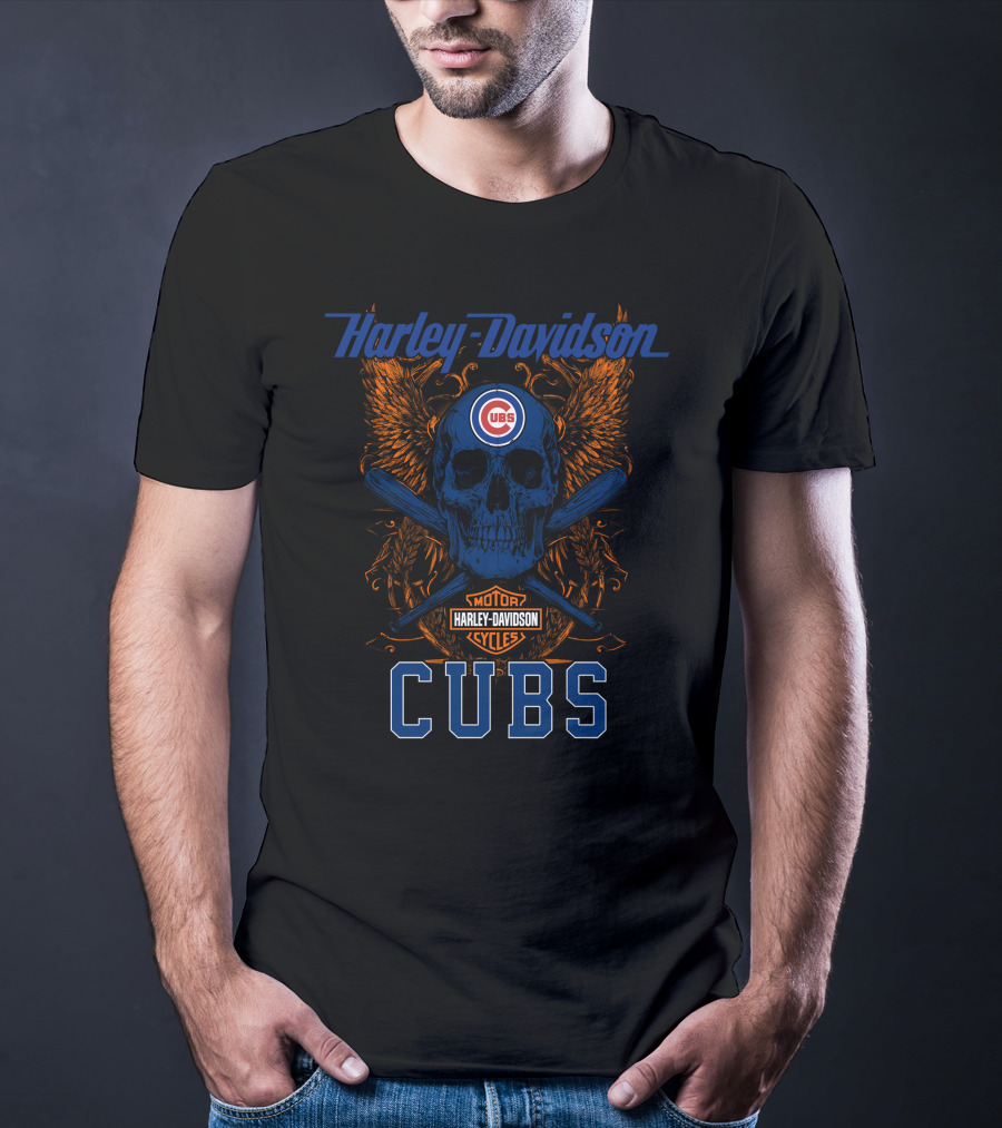 Harley Davidson Motor Cycles Cubs Skull And Crossed Bats T-Shirt
