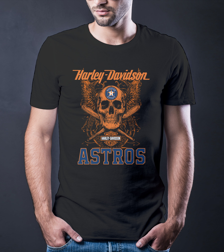 Harley Davidson Houston Astros Motor Cycles Skull Wings Crossed Bats T-Shirt