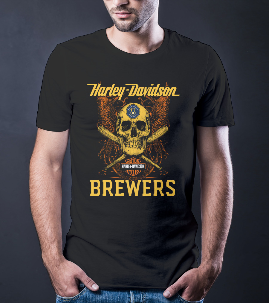 Harley Davidson Skull And Crossed Bats Milwaukee Brewers Motor Cycles T-Shirt