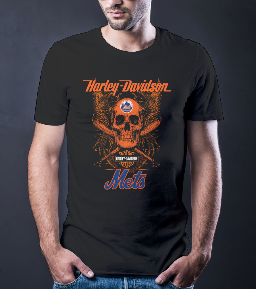 Harley Davidson New York Mets Motor Cycles Skull Wings Crossed Bats 18 T-Shirt