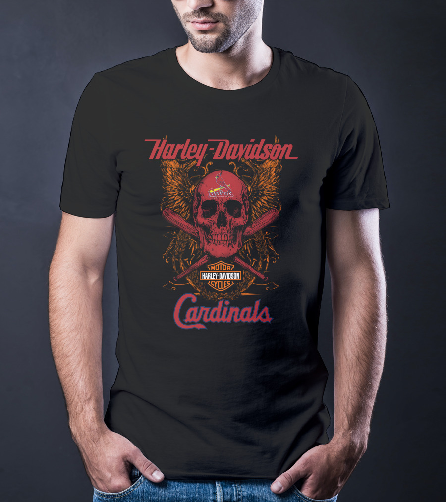 Harley Davidson Motor Cycles Skull Crossed Bats St Louis Cardinals T-Shirt