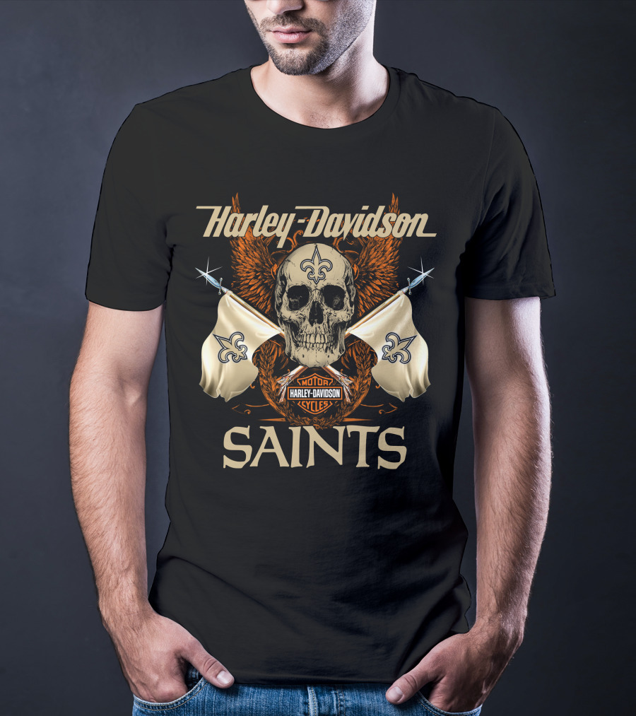 Harley Davidson Saints Skull With Fleur-De-Lis Flags And Wings T-Shirt