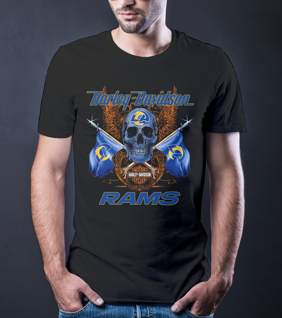 Harley Davidson Los Angeles Rams Motorcycle Cycles Skull Flags T-Shirt