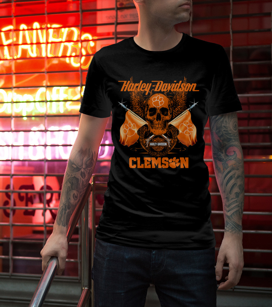 Harley Davidson Clemson Skull With Orange Flags And Paw Print T-Shirt