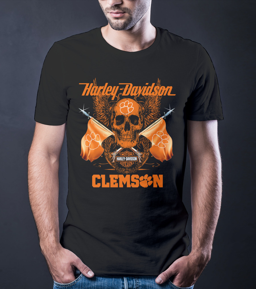 Harley Davidson Clemson Skull With Orange Flags And Paw Print T-Shirt