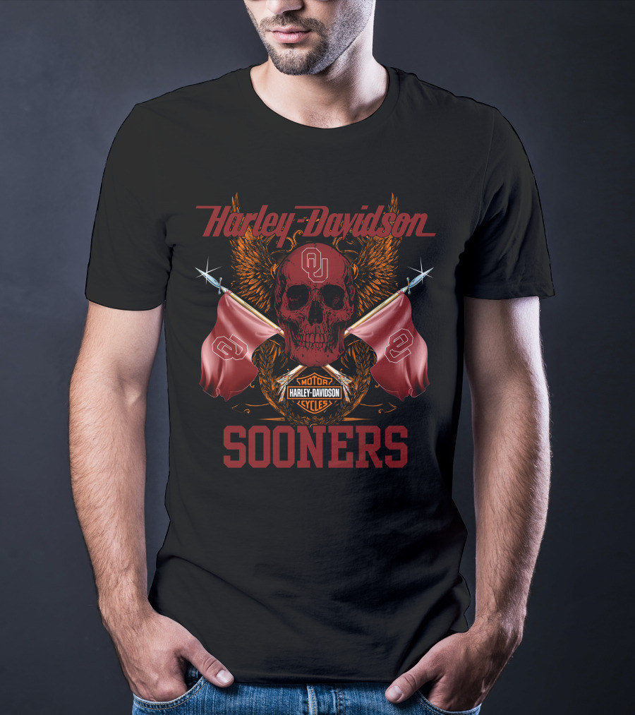 Harley Davidson Sooners Skull Flags Oklahoma University T-Shirt