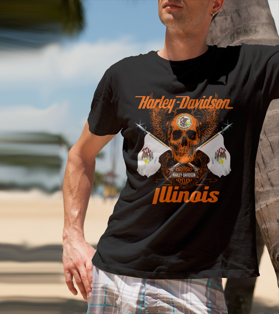 Harley Davidson Cycles Illinois Skull Wings Flags Motorcycles T-Shirt