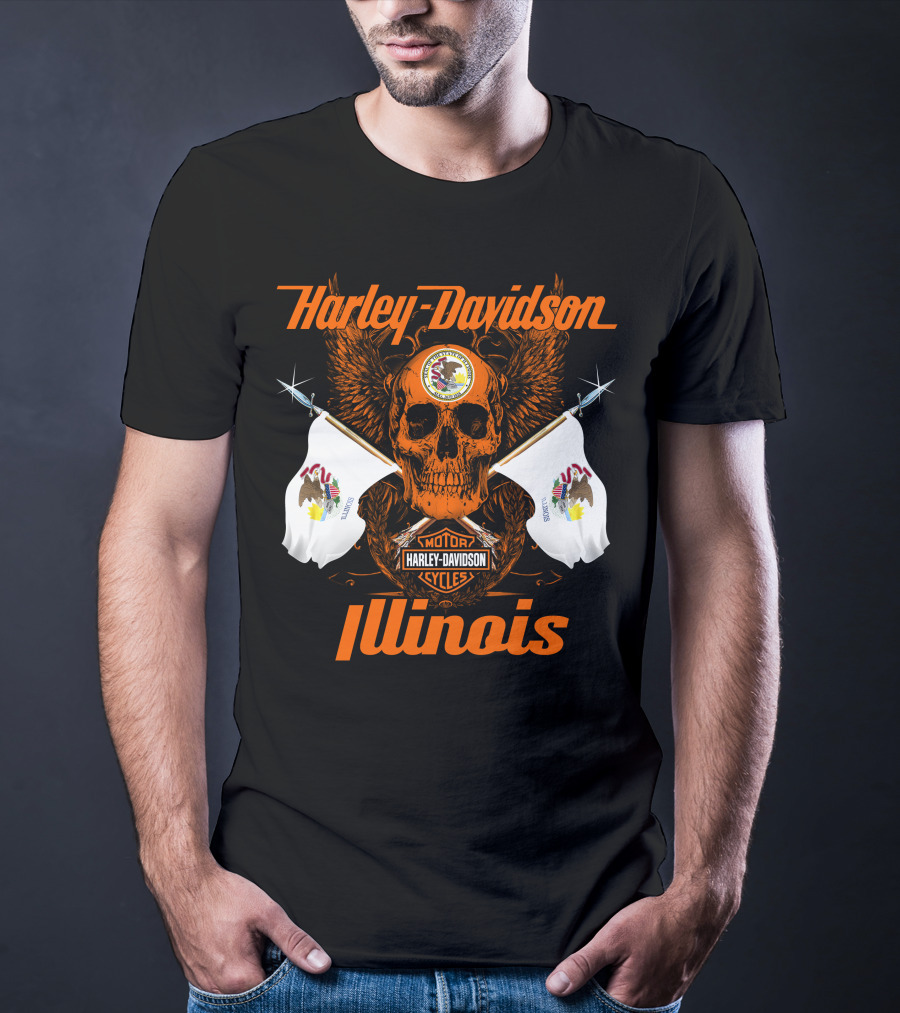 Harley Davidson Cycles Illinois Skull Wings Flags Motorcycles T-Shirt