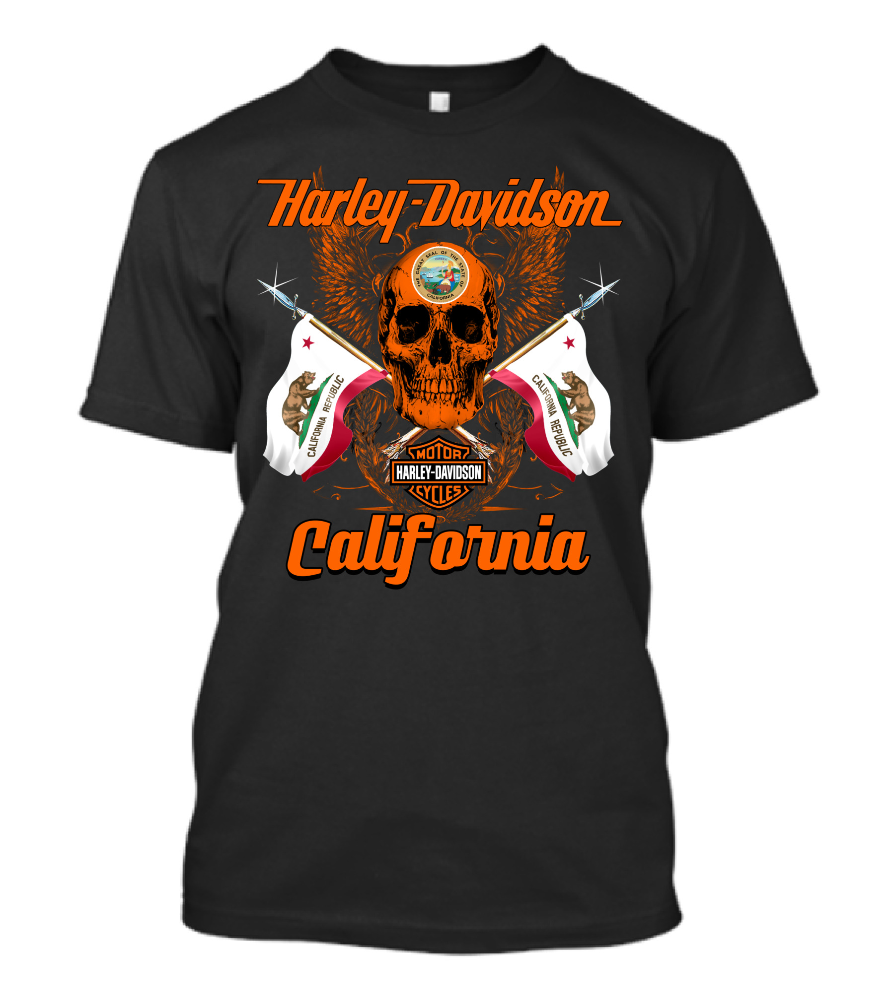 Harley Davidson California Republic Skull And Flags T-Shirt