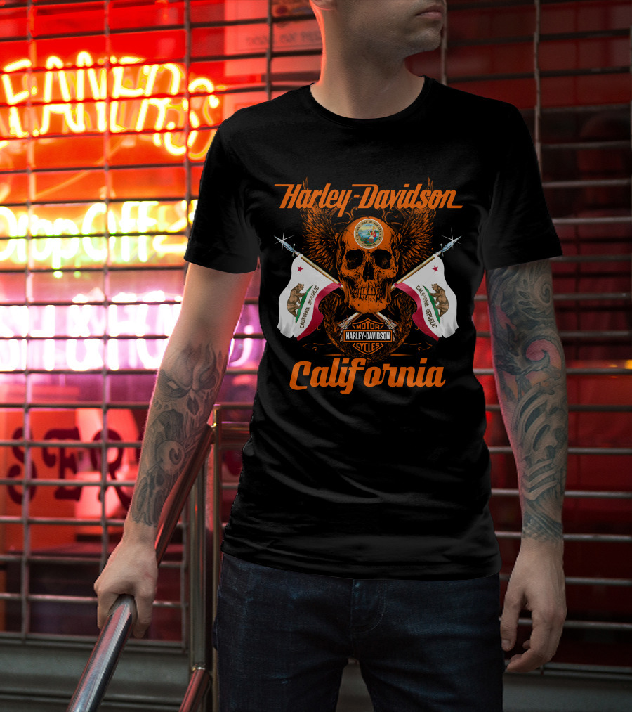 Harley Davidson California Republic Skull And Flags T-Shirt