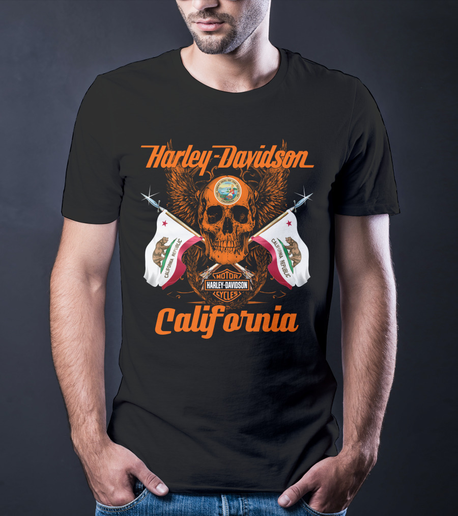 Harley Davidson California Republic Skull And Flags T-Shirt