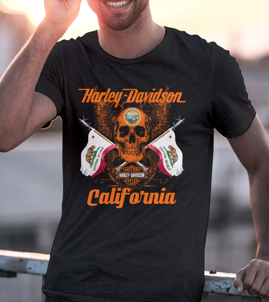 Harley Davidson California Republic Skull And Flags T-Shirt