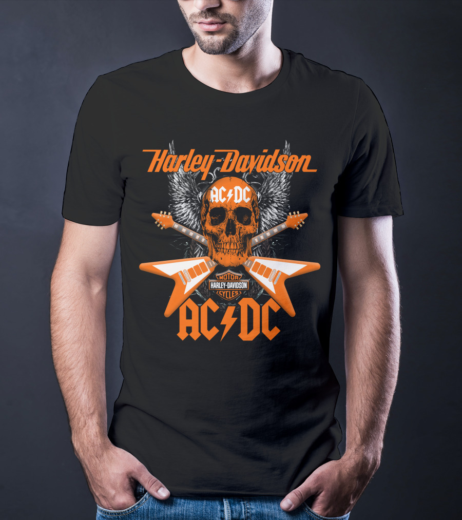 Harley Davidson Ac/Dc Skull Electric Guitar Motor Cycles T-Shirt