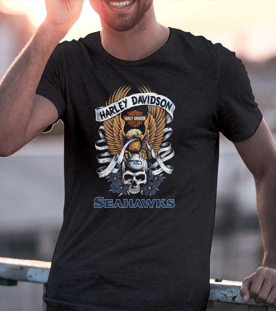 Harley Davidson Motor Cycles Skull Eagle Seattle Seahawks T-Shirt