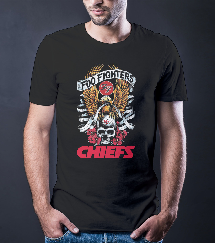 Foo Fighters Kansas City Chiefs Skull Eagle Wings Floral Banner T-Shirt
