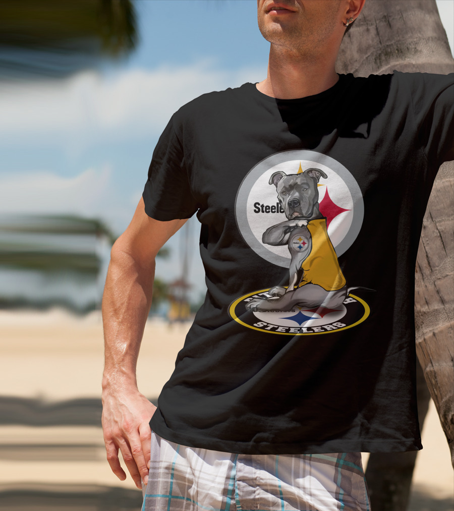 Pittsburgh Steelers Dog With Logo Tattoo And Yellow Vest T-Shirt