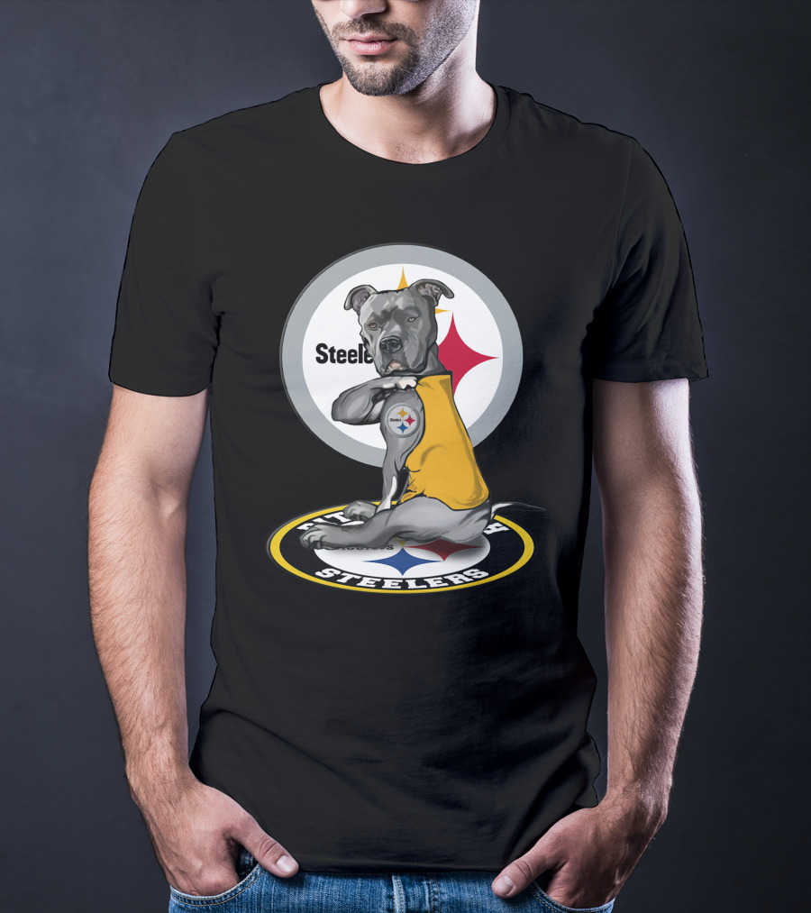 Pittsburgh Steelers Dog With Logo Tattoo And Yellow Vest T-Shirt