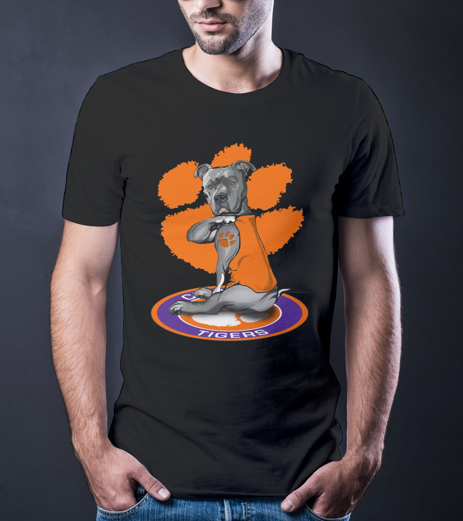 Clemson Tigers Dog With Paw Print Tattoo And Orange Vest T-Shirt
