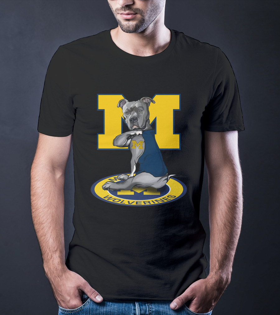 Michigan Wolverines Dog In Blue Outfit With Big Yellow M T-Shirt