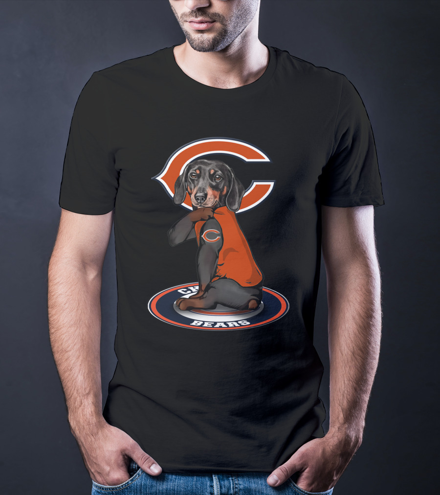 Chicago Bears Dog With Logo On Arm And Backdrop T-Shirt