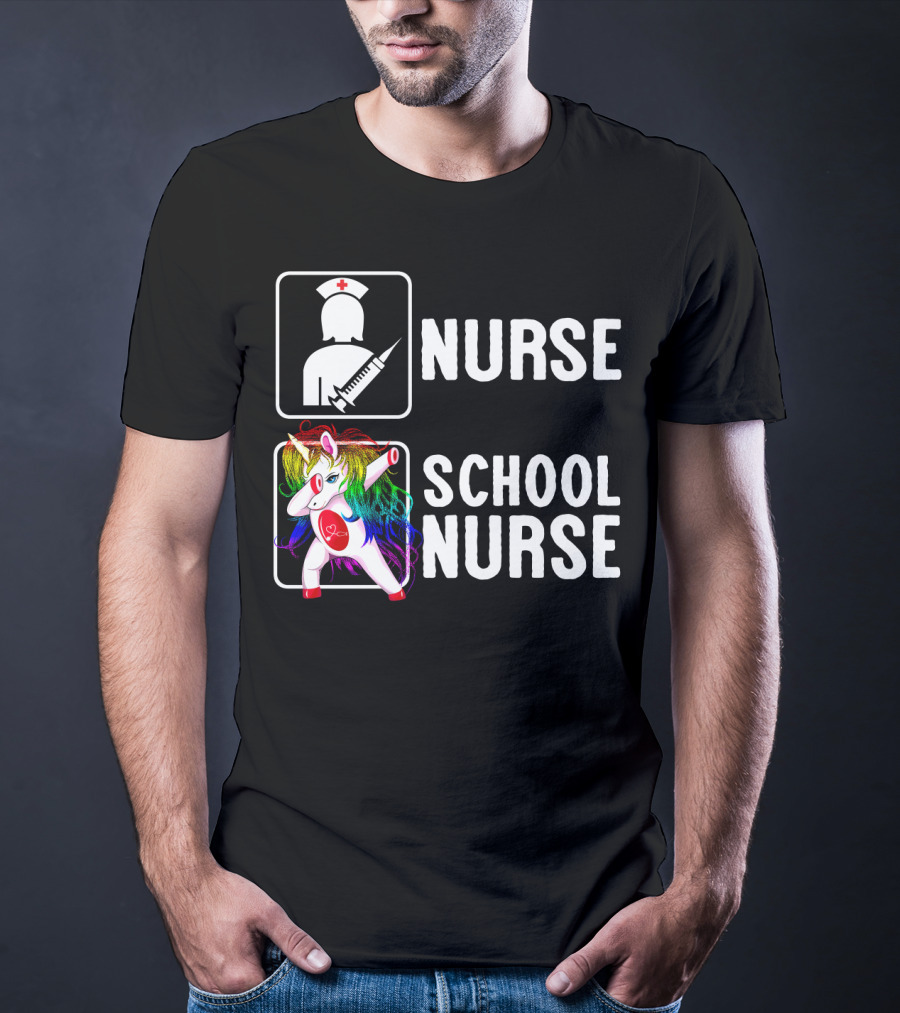 Nurse School Nurse Unicorn Rainbow Contrast T-Shirt