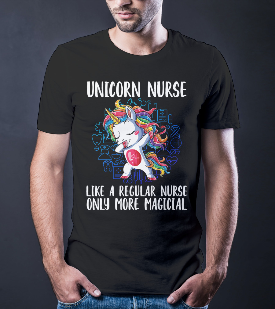 Unicorn Nurse Like A Regular Nurse Only More Magical With Colorful Rainbow Hair And Medical Symbols T-Shirt