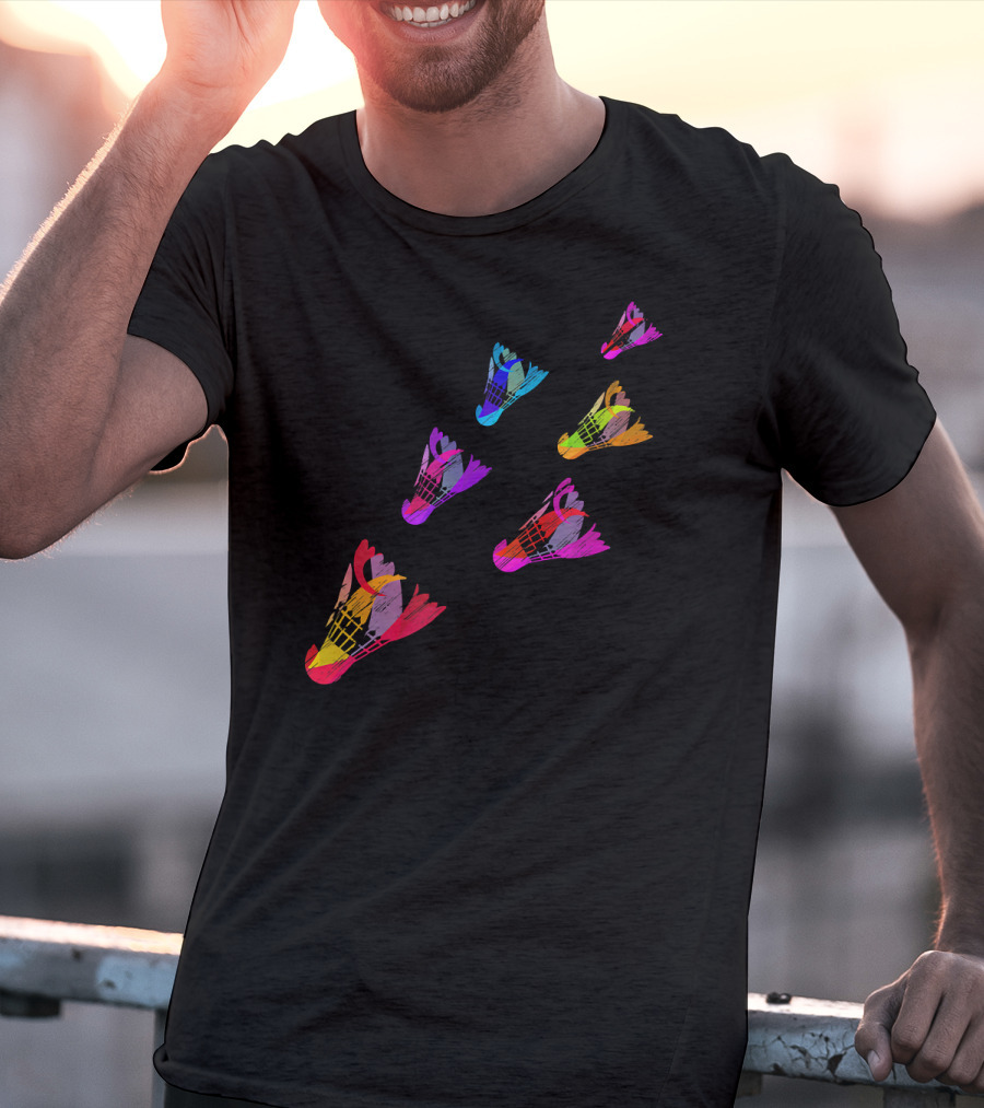 Colorful Sports Shuttlecock Illustration With Badminton Motif T-Shirt