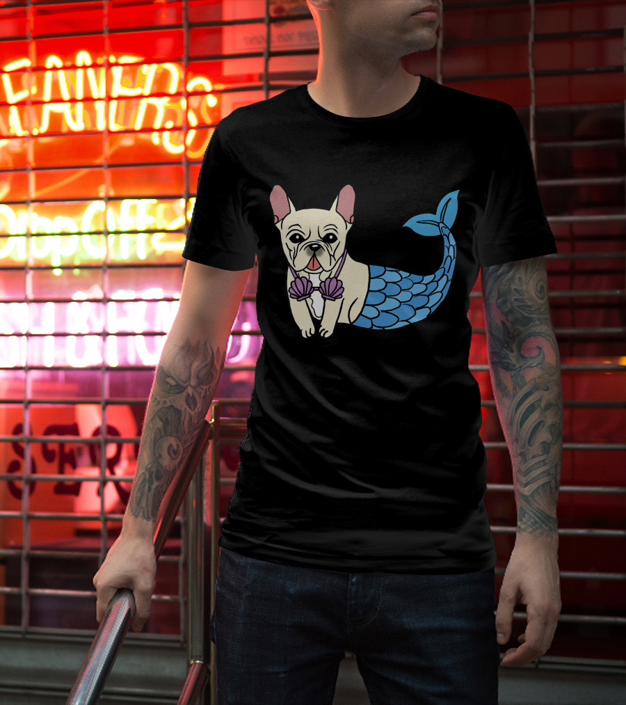 Cream French Bulldog Mermaid With Shell Bra Funny Do T-Shirt
