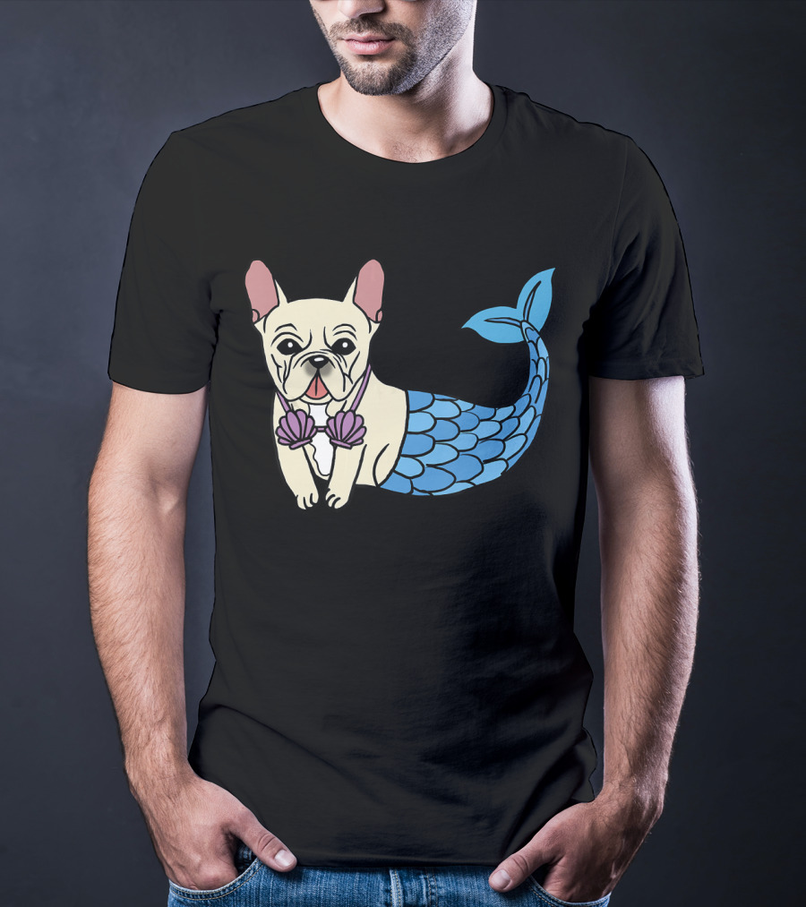 Cream French Bulldog Mermaid With Shell Bra Funny Do T-Shirt
