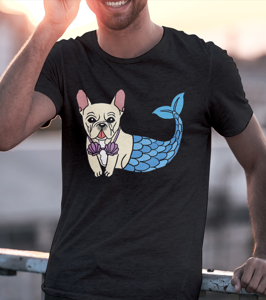 Cream French Bulldog Mermaid With Shell Bra Funny Do T-Shirt
