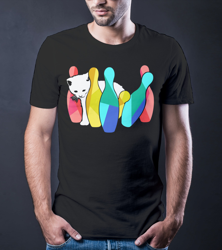 Playful Cute Cat Knocking Over Colorful Bowling Pins Kitty T-Shirt