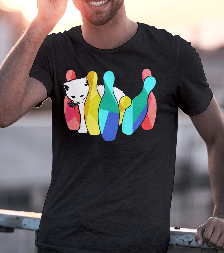 Playful Cute Cat Knocking Over Colorful Bowling Pins Kitty T-Shirt