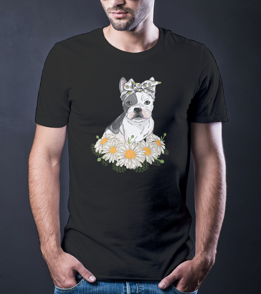 French Bulldog With Daisy Headband And Flower Garden T-Shirt